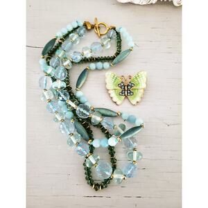 Monet Signed Light Green & Blue Necklace and Brooch Jewelry Set